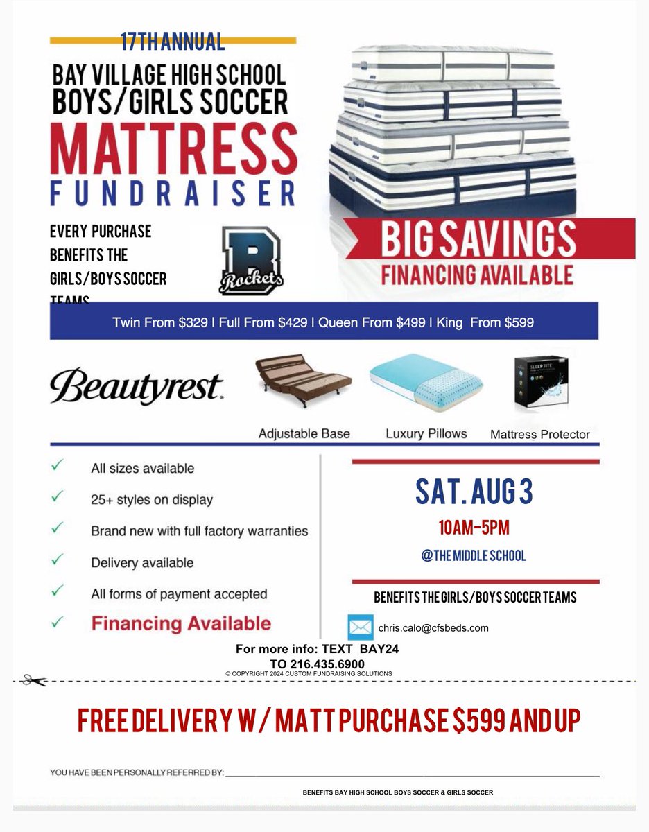 RobertDoughert5's tweet image. Bay High School Boys and Girls soccer team are having the 17Th annual Mattress sale. Just tell them you know me. Haha.
@BayAthletics @bayhighstudents @BaySchoolsOH