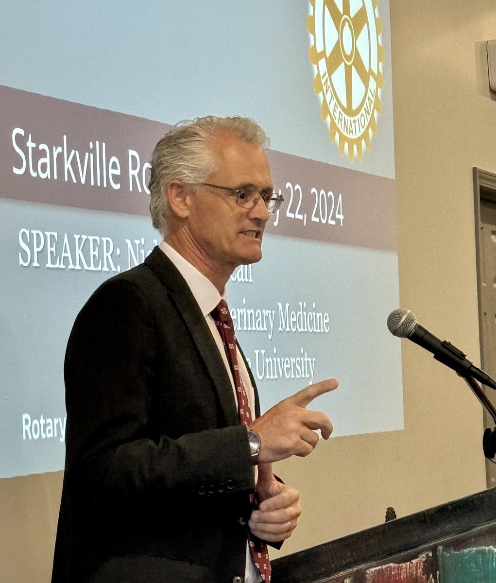 Starkville Rotarians heard a presentation from MSU College of Veterinary Medicine Dean Nick Frank. Dr. Frank explained the mission of the college and how the students serve the people of the state. Frank came to MSU from prestigious Tufts University and grew up in Great Britain.