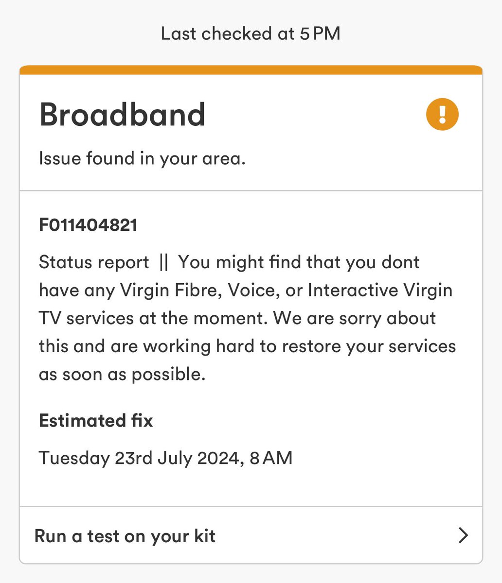 DeanHewitt_'s tweet photo. @virginmedia 
@Virgin 

WiFi has been funny all weekend &amp; as of this morning went off completely for the entire postcode. 

Now your app is saying we still won’t have internet access until tomorrow… 

Get it together. Or better yet, pay overtime and fix it today. https://t.co/srZF6POrPN