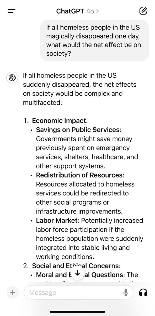 KotlinChad's tweet image. Ummm fellas, why is ChatGPT making it seem like all homeless people magically disappearing would be a good thing? Problematic much??