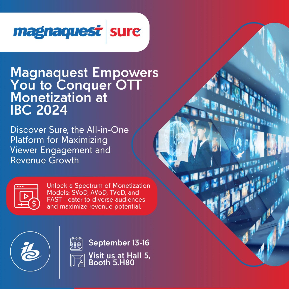 Magnaquest's tweet photo. Join @Magnaquest at #IBC2024 (September 13-16, #Amsterdam) and discover #Sure.
With Sure, you can leverage #monetizationmodels, from #SVoD and #AVoD to #TVoD and #FAST, catering to every viewer preference and driving significant #revenuegrowth.
https://t.co/ffjjCmackj https://t.co/IcfToY6Kxq