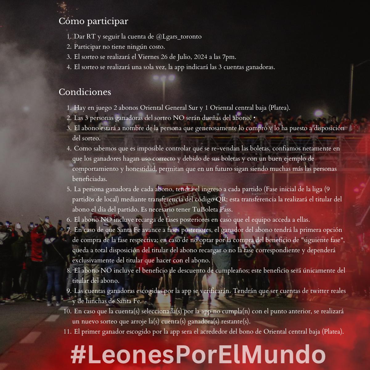 <a href="/SantaFe/">Independiente Santa Fe</a> 🚨🇮🇩Rifamos 3 Abonos🇮🇩🚨

La única manera de participar es dando RT a este post y seguir a <a href="/Lgars_toronto/">lgars_Toronto</a>.

Por Favor leer condiciones en las imágenes.

Gracias <a href="/JohnFHndz/">John Hernández 🇨🇴🇨🇦</a> <a href="/felprieto/">Felipe Prieto</a>  por unirse a la idea.

#LeonesPorElMundo