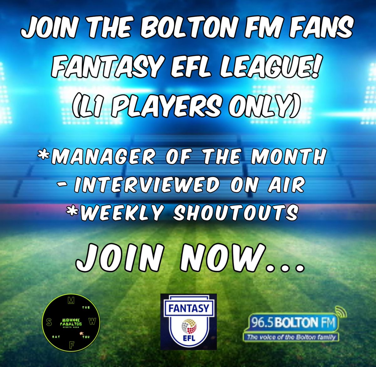 Harlan Dane Fallon ๐ป๐บ (@harlanbroadcast) on Twitter photo Fans of <a href="/BoltonFM/">Bolton FM</a> & <a href="/BOLTONFMSPORT/">Bolton FM Sport</a> join our <a href="/FEFLOfficial/">Fantasy EFL</a> League with your teams (L1 ONLY)!
On Thursday nights we'll up the weeks movers and shakers - shootouts on the radio for Managers & we'll even get you on air if you are top at the end of the month.
fantasy.efl.com/league/join/2Qโฆ Fans of <a href="/BoltonFM/">Bolton FM</a> & <a href="/BOLTONFMSPORT/">Bolton FM Sport</a> join our <a href="/FEFLOfficial/">Fantasy EFL</a> League with your teams (L1 ONLY)!
On Thursday nights we'll up the weeks movers and shakers - shootouts on the radio for Managers & we'll even get you on air if you are top at the end of the month.
fantasy.efl.com/league/join/2Qโฆ