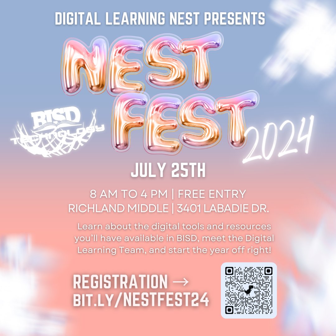 Only 3 days until NestFest! 🌟 Join us this Thursday to dive into digital tools like Canvas, GoGuardian, Canva, and more. Enhance your teaching skills with interactive workshops and hands-on sessions.✨

📅 July 25, 2024
📍 Richland Middle School
bit.ly/NESTFEST24
