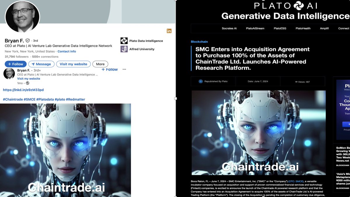 JustInTimeMsngr's tweet photo. News we see is from $SMCE. This is from Bryan Feinberg https://t.co/WAjodChKVK CEO - appointed to $SMCE / $FYNN Board of Directors w/ #ChainTrade.AI deal.
-Pics from his LinkedIn
-Plato.AI news on https://t.co/iBDpgAYSQQ deal w/ $SMCE.
https://t.co/HFrODSnYzt https://t.co/3YgLydQs9d