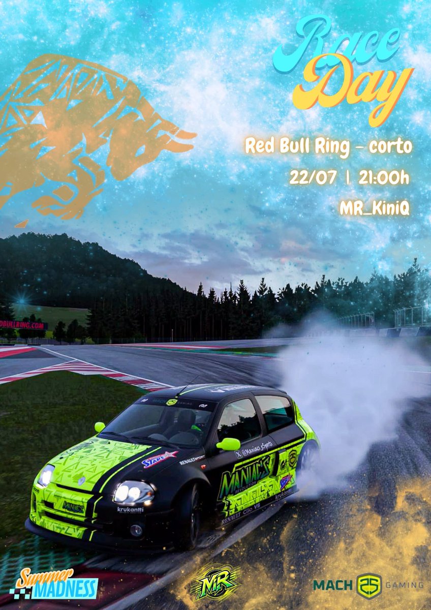 Maniac’s Revolution Club de e-Sports (@maniacs_esports) on Twitter photo RACE DAY⚠️⚠️
⏰21:00
💚<a href="/KiiniQ_/">Kiinilian Mbappé</a>
🏁Red Bull Ring Corto
🏎️Renault Clio V6
🎙️ youtube.com/@mach25gaming?…
#thenewrevolution RACE DAY⚠️⚠️
⏰21:00
💚<a href="/KiiniQ_/">Kiinilian Mbappé</a>
🏁Red Bull Ring Corto
🏎️Renault Clio V6
🎙️ youtube.com/@mach25gaming?…
#thenewrevolution