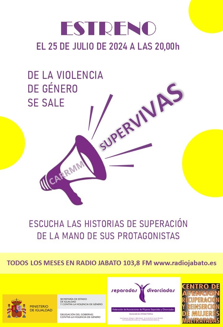 Este 25 nos vais a oír SUPERVIVAS.
Estrenamos programa en Radio Jabato 
FM 103.8 y radiojabato.es
Estamos muy ilusionadas y queremos compartirlo con todas vosotras.
Este jueves 25 a las 20:00 h
#supervivas #FNAMSD #CARRMM #ToleranciaCero