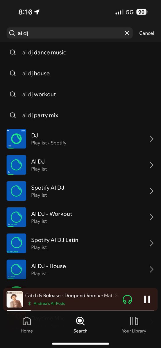 andreacotg's tweet photo. ustedes sabían que spotify tiene una IA que hace de dj? yo me acabo de enterar y me encanta, pone canciones que probablemente te gustarían o las que tienes guardadas, es como una radio pero personalizada 

solo tienen que buscarla como ai dj https://t.co/WiDchQMcBC