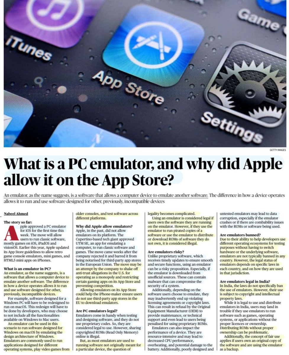 imRavikantYadav's tweet photo. 'What is a PC Emulator, and Why did Apple allow it on the app store'
:Explained by Mr Nabeel Ahmed
@NabeelAhmed_5
PC #Emulator, its workings, reasons @Apple allowed it, its Legality, Risk, #copyright ,status in #India &
More info..
#Apple #PCEmulator
#technology
Source:TH https://t.co/8PyJnZnpVJ