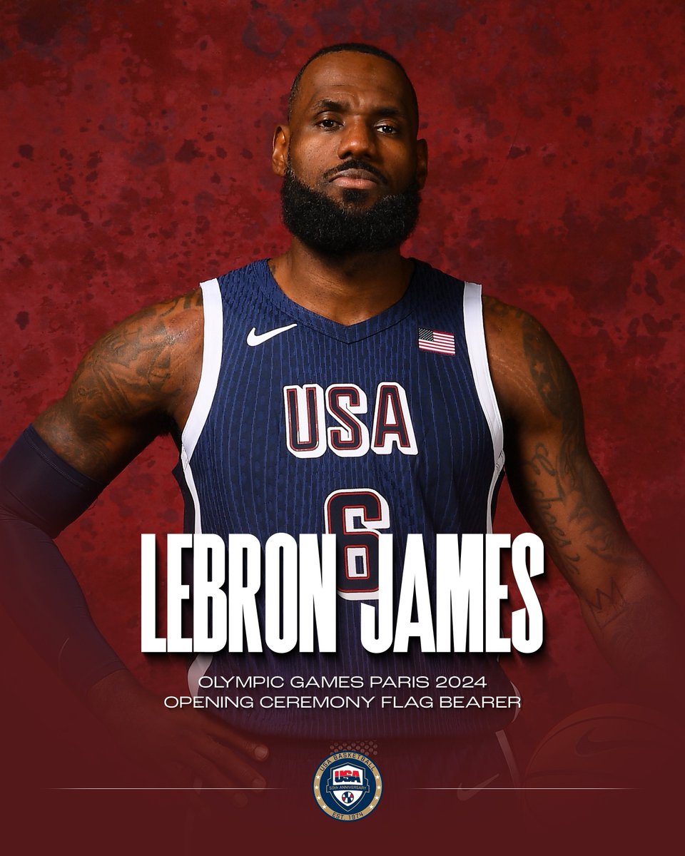 SC_ESPN's tweet photo. REY Y ABANDERADO: LeBron James fue elegido para portar la bandera de Estados Unidos en la Ceremonia de Apertura en #Paris2024 👑 https://t.co/qs2lDUxWst