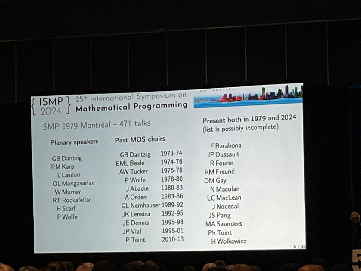 At #ISMP2024 Welcome Reception! Fun facts about the previous ISMP in Montréal back in 1979: Dantzing and Wolfe were plenary speakers along with many other impressive familiar names!
