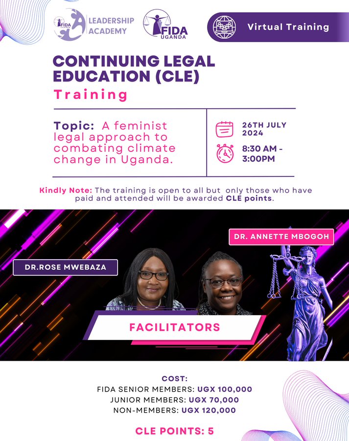 FIDA_Uganda's tweet photo. #ThisWeek βΌοΈβ°π¨
#VirtualCLEtraining ππ»βοΈ
#FIDAULeadershipAcademy π
#ClimateChange π
Only a few days left to our virtual CLE training with Dr. Annette Mbogoh and Dr. Rose Mwebaza on: "A feminist legal approach to combating climate change in Uganda."
βοΈπβ»οΈπ±π΅π»ππ¦οΈ
Don't miss out on the opportunity to learn more about how to best combat the growing impacts of climate change and environmental degradation using a legal feminist lens.
Donβt forget to register online before attending!
π¨ Registration Link: https://t.co/VodFrEqd0u
ποΈ | Friday, 26th July, 2024
β° | 8:30 am