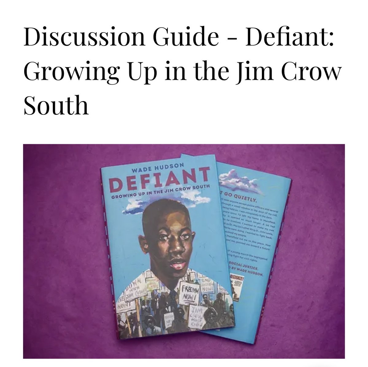 hudsonwade's tweet image. Some of you have asked if there’s a guide to help explore my coming-of-age memoir Defiant: Growing Up in the Jim Crow South. Yes!! Use the link below to download this free Discussion Guide. 

a6a484_90c8b4b661b1432ba78ed2ad191ab42b.pdf (booksbywadehudson.com)