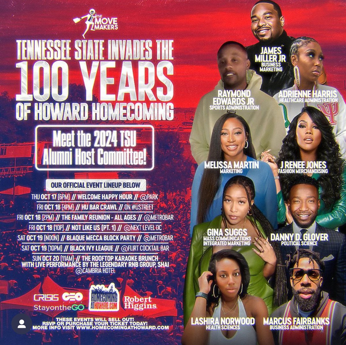 Join us for an Unforgettable Homecoming @ Howard w/ Tennessee State University - A Celebration of Black Excellence!

This historic collaboration is powered by: <a href="/themovemakers/">themovemakers</a>, Homecoming at Howard, CEO JEFF, <a href="/STAYONTHEGOMAG/">STAYONTHEGO</a>, <a href="/flymajor/">Flymajor</a>, and <a href="/djjazzyt13/">Auntie Auntie</a>