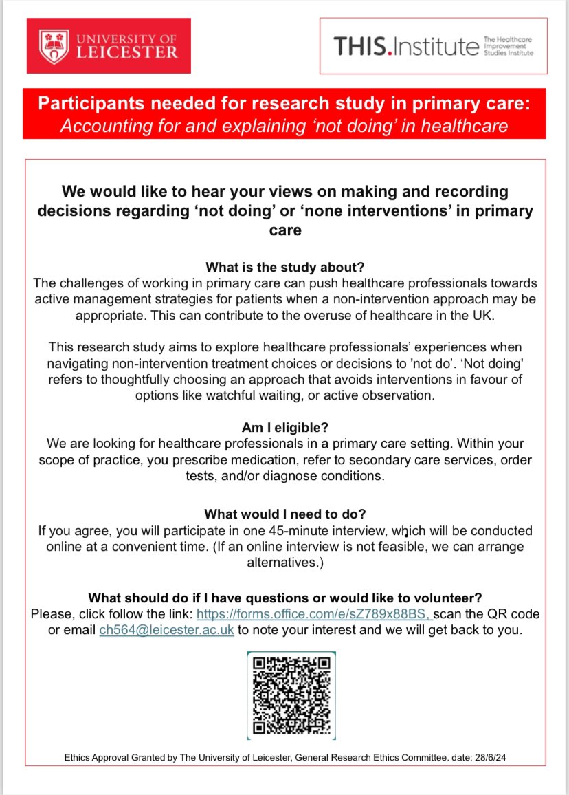 ClaireHasting14's tweet image. I’m pleased to say I am now recruiting for my research study. If you are a GP, Paramedic or Nurse Working in Primary Care within the UK please consider having a chat with me about your experiences of ‘not doing’. Further details below: forms.office.com/e/sZ789x88BS