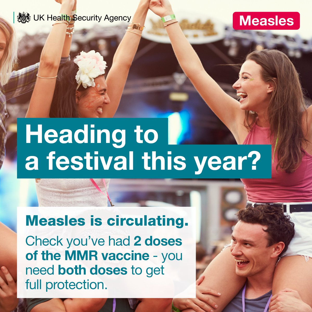 CDDFTNHS's tweet photo. Festival season is underway 🎪🎫😎

#Measles is a preventable disease but is highly infectious.

Having both doses of the #MMR vaccine gives you lifelong protection. https://t.co/lrCpfnuHOT