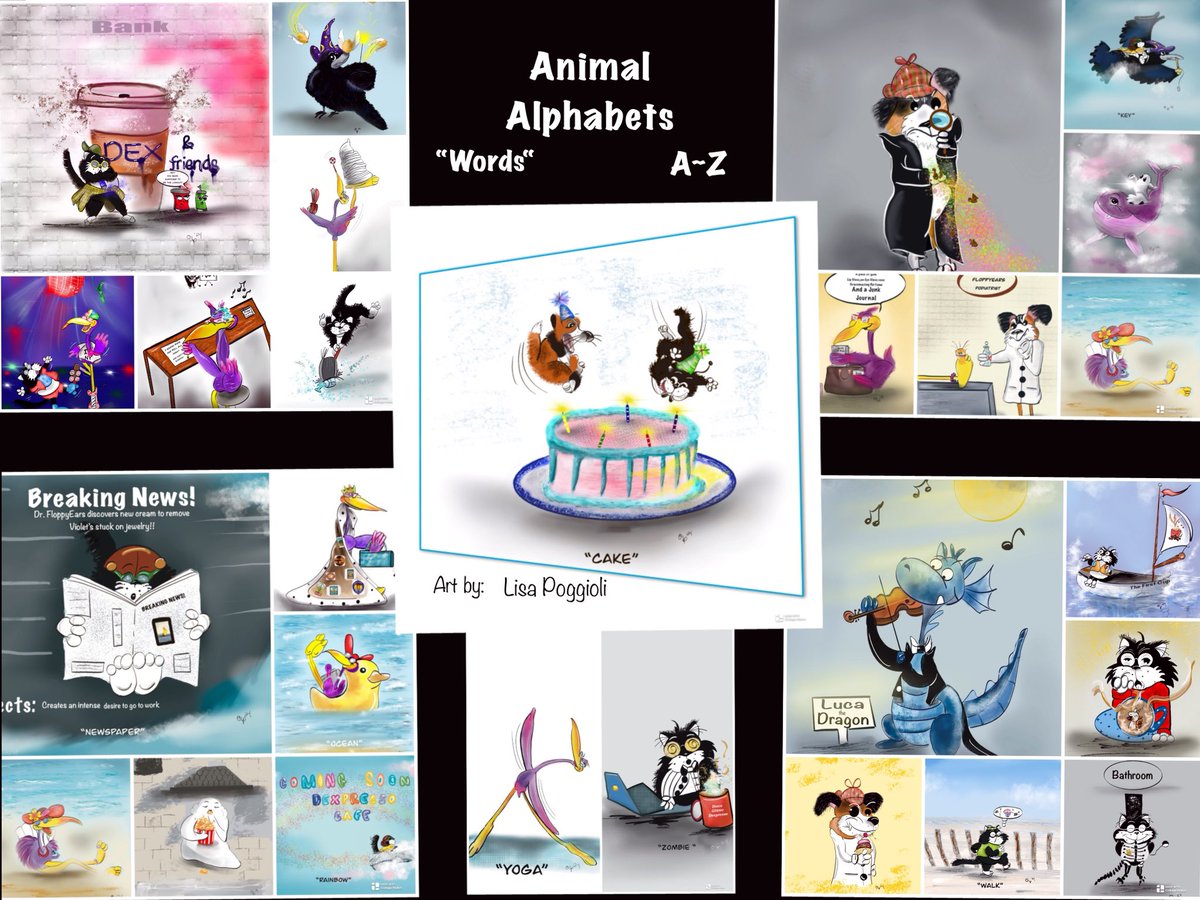 #AnimalAlphabets …. Happy <a href="/AnimalAlphabets/">Animal Alphabets</a> Monday Everybody!! Here is my complete A~Z. Dex and his friends had a blast! Well done Everyone! 🥳Cake and Dexpresso all around! 😻🍰☕️ … #Cartoon #Cartoonist #LoveDex #LoveViolet #illustration #AtoZ