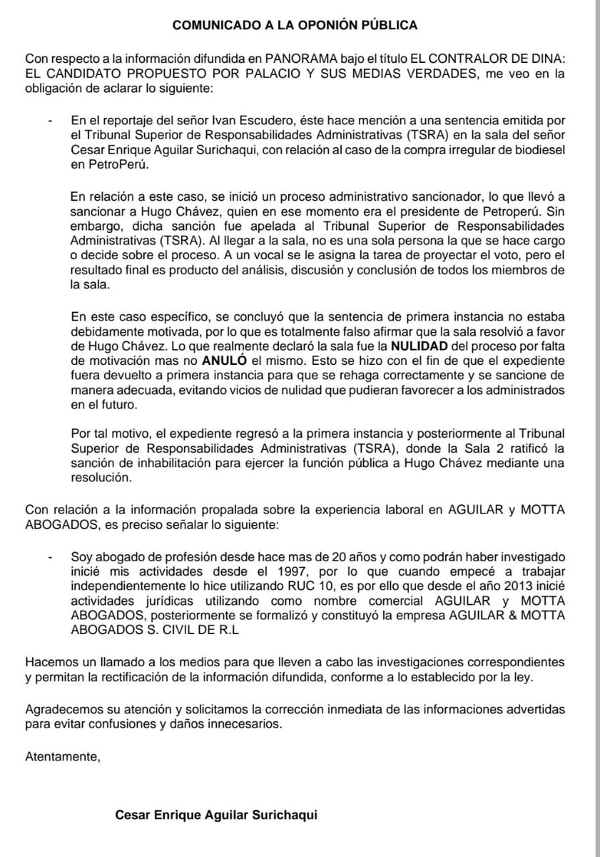 SINTRACGR1's tweet photo. En relación a la nota periodística de @PanoramaPTV cumplimos con hacer público el comunicado del Sr. Enrique Aguilar Surichaqui, a través del cual aclara los cuestionamientos del referido medio de prensa. https://t.co/jarp29cfmR