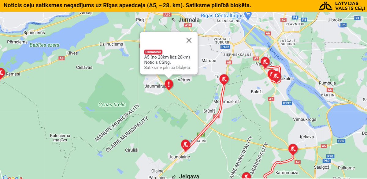 ‼️⛔️Noticis ceļu satiksmes negadījums uz Rīgas apvedceļa (A5, ~28. km). Satiksme pilnībā bloķēta, informē <a href="/Valsts_policija/">Valsts policija</a>