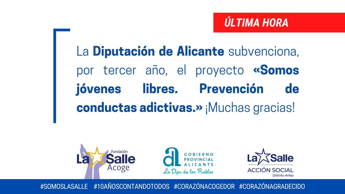 🔴 ÚLTIMA HORA | La Diputación de Alicante subvenciona, por tercer año, el proyecto «Somos jóvenes libres. Prevención de conductas adictivas.» ¡Muchas gracias! #SomosLaSalle #10AñosContandoTodos #LaSalleAcciónSocial #CorazónAcogedor #CorazónAgradecido