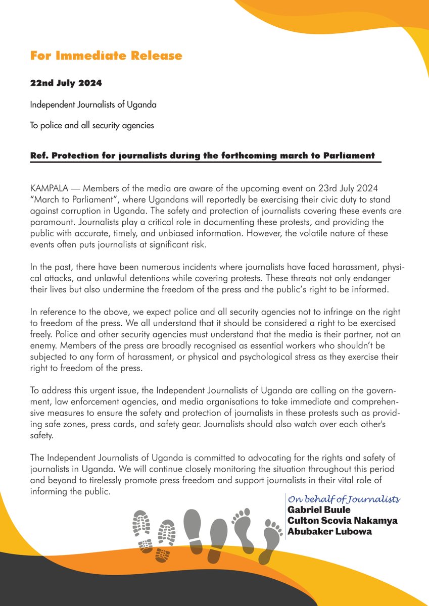 Dear <a href="/PoliceUg/">Uganda Police Force</a> , <a href="/MODVA_UPDF/">Uganda Peoples' Defence Forces</a> , and all other security agencies. You have a duty to protect journalists as they exercise their right to freedom of expression. Tommorrow, we will be covering the #March2Parliament    #JournalismIsNotAcrime.