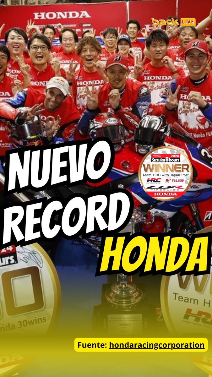 Back_Live_tv's tweet photo. Honda hizo historia junto a Takumi Takahashi, Teppei Nagoe y Johann Zarco al ganar las 8 Horas de Suzuka por tercera vez consecutiva 🏆🏆🏆 #honda #calidadganadora #suzuka8hours #motorcyclesports #record #bike https://t.co/HX0ULCv8Sp