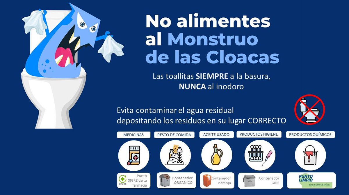 👹 El monstruo de las cloacas siempre está al acecho. 

No tires al inodoro toallitas 🚽 ni cualquier otro objeto que debe ir a la basura normal como colillas, productos higiénicos... Perjudica tu instalación y la de toda la ciudad.

#Agamed #Torrevieja