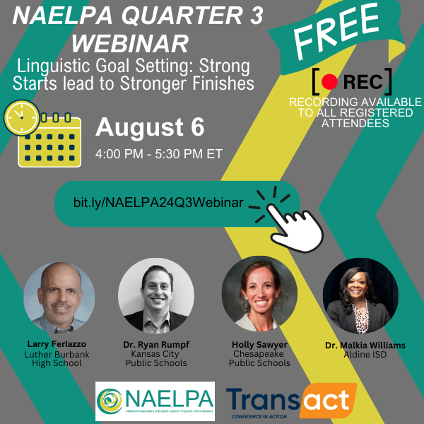 NAELPAforELs's tweet photo. Don't miss this FREE webinar opportunity on linguistic goal setting! Thank you to our partner @TransACT_K12  and all of our panelists for making this webinar possible. Don't miss it! https://t.co/nF6LB3tR9b https://t.co/z5Vp6mOo3K