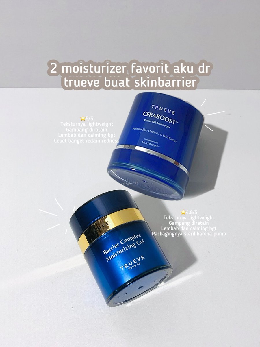 junjunitaf's tweet photo. Dua moisturizer favorit aku dari @TrueveID buat skinbarrier. Duaduanya sama sama mantul buat skinbarrier cuma yg ceraboost progressnya lebih cepet bgt buat redness dan kulit iritasi 🥹🫶🏻❤️ #moisturizer #trueve https://t.co/c9Od3zt69k
