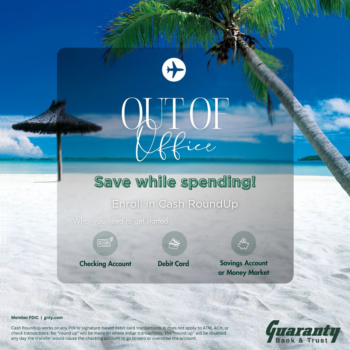 gntybank's tweet photo. Want to grow your savings while you're Out of Office? With Cash RoundUp, every time you use your debit card, your rounded-up change automatically transfers to your savings account! Click the link below to learn more. #GNTY #SaveWhileSpending
https://t.co/5dlZSBtiib https://t.co/OCwEyCtzFL