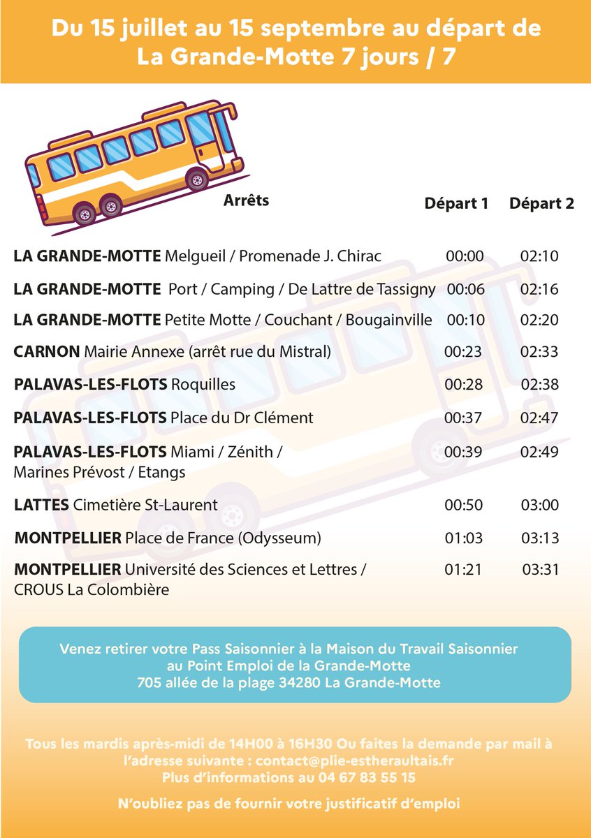🚌🌛L’Etat et ses partenaires aux côtés des saisonniers du littoral Héraultais ! 
Nouveau ! Cet été, une ligne de bus gratuite exclusivement dédiée aux saisonniers est mise en place la nuit pour faciliter les retours à « domicile ».

🚏Cette ligne dessert le littoral Est Hérault