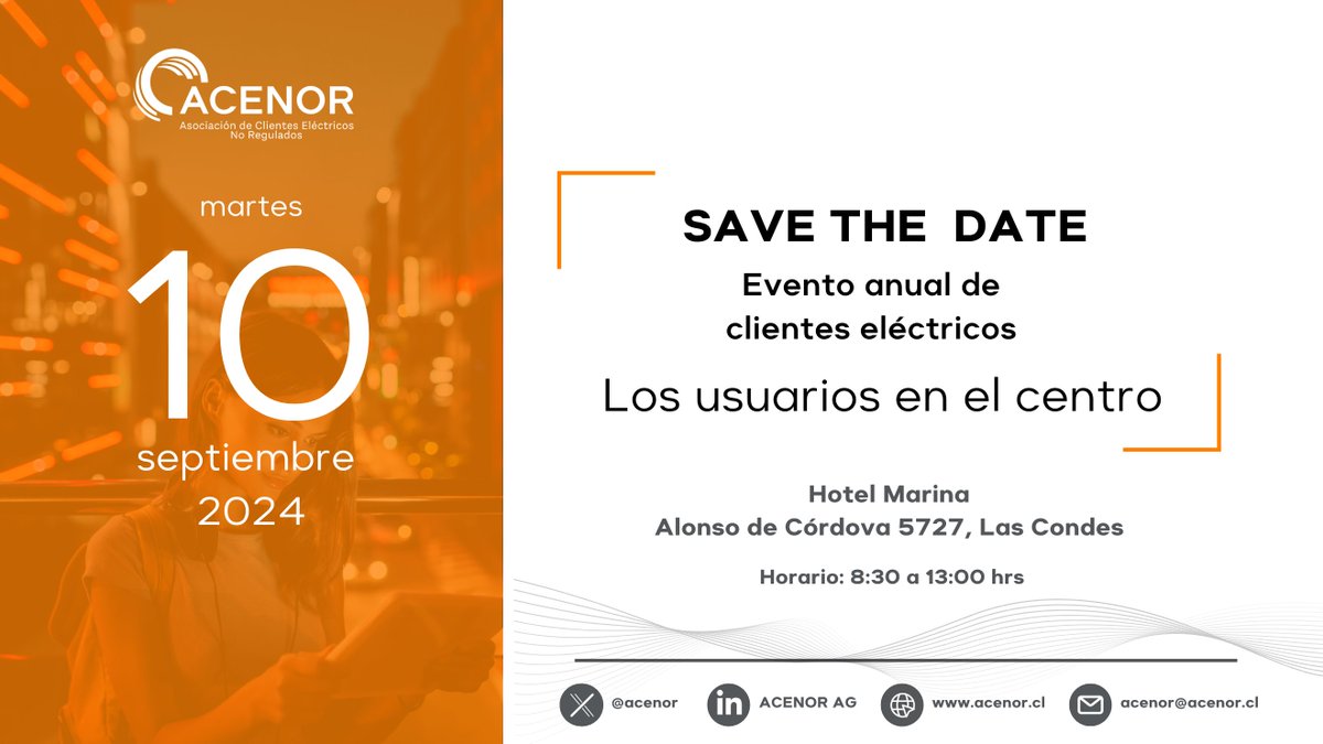 🗓️ El 10 de septiembre, ACENOR congregará a los representantes de las #industrias chilenas para abordar los #desafíos y las alternativas que pueden tomar para enfrentar los cambios del sector #eléctrico.

🟠 Hotel Marina Las Condes

⏱️ 8:30 a 13:00 horas

📨 acenor@acenor.cl