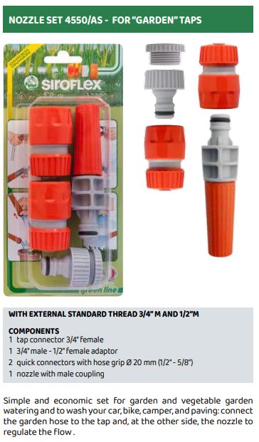 One of our featured products from our Siroflex garden range:-
NOZZLE SET 4550/AS, simple and economic set for garden, vegetable &amp; flower watering and to wash your car, bike, camper, and paving