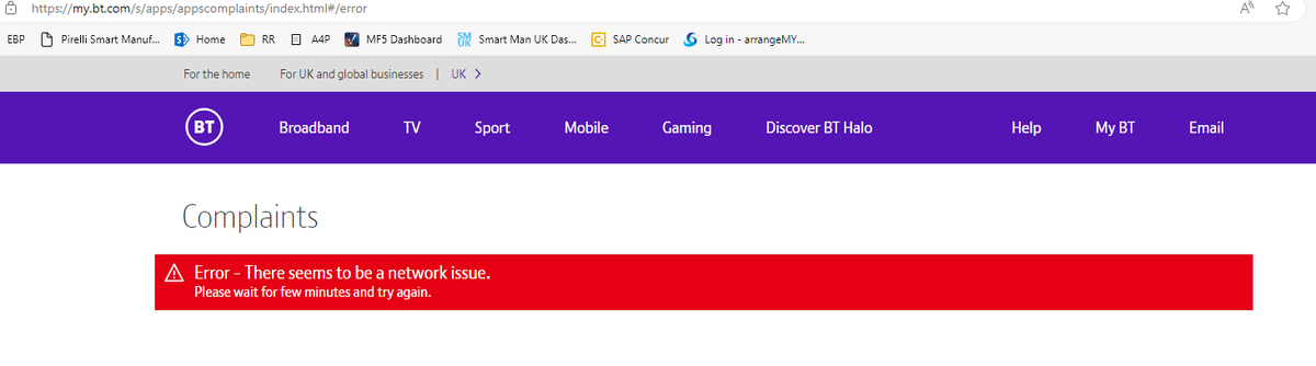 simonjohndolman's tweet photo. @bt_uk
I am trying to get on update on a complaint via you online service but it seems the website no longer works.
I have already tried many times over many days to see if the "network issue" is resolved. I either see the below error or get a completely blank page. https://t.co/jLnzeXT8gc