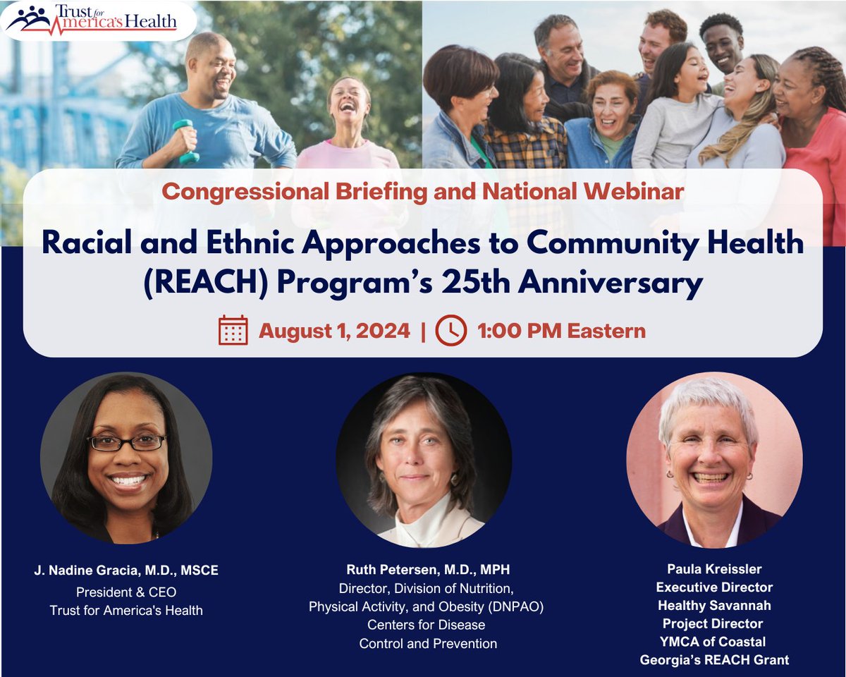 HealthyAmerica1's tweet photo. TFAH celebrates REACH’s 25th anniversary on August 1 at 1PM ET with @CDC_DNPAO’s Ruth Petersen &amp; Healthy Savannah’s Executive Director, Paula Kreissler, moderated by J. Nadine Gracia, TFAH President &amp; CEO. https://t.co/IV1Qs4Iz6U https://t.co/tGCQ25owJ6