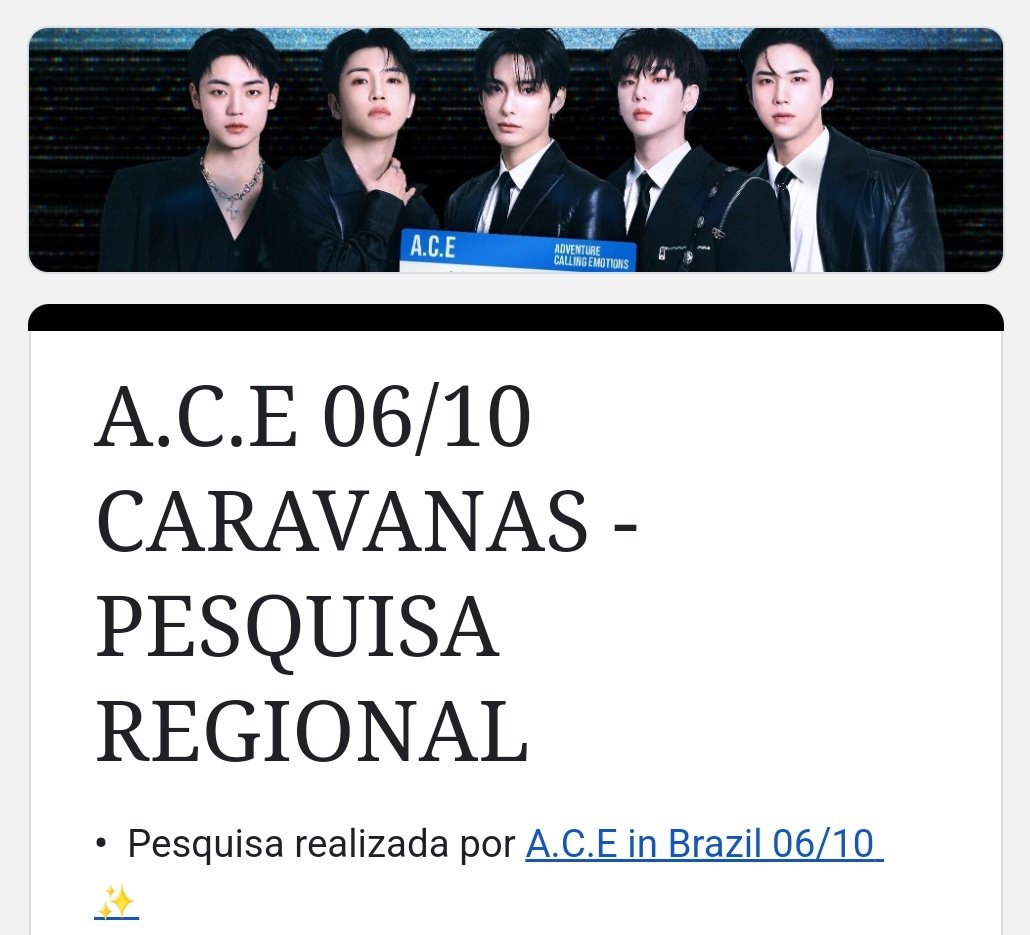 DH93N's tweet photo. A.C.E no Brasil! 💙 PESQUISA REGIONAL
Participe ou organize uma caravana saindo da sua região para o show do  A.C.E 06/10 SP. Acesse o  formulário para mais informações.
https://t.co/qzgdxYxY4O
PoA - RS
CWB - PR
RJ - RJ
BH - MG
Interior de SP &amp; Metropolitana - SP
Brasília - DF + https://t.co/jWmig2RCef