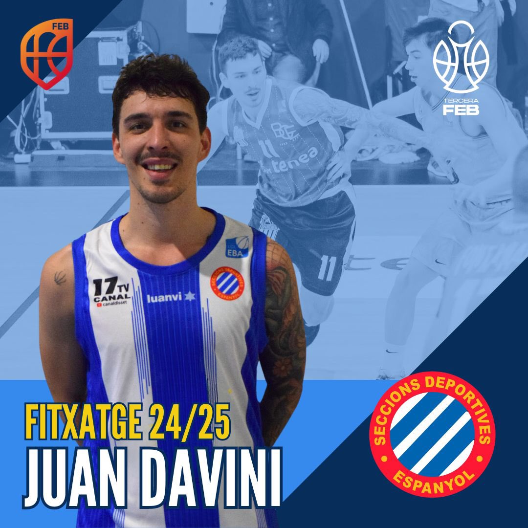 🚨𝗙𝗜𝗧𝗫𝗔𝗧𝗚𝗘 24/25

Juan Lucas Davini 

25 anys (98)
És de Buenos Aires, 🇦🇷

Format a les categories inferiors de Huracán de San Justo on va debutar al Torneo Federal argentí.

Experiència EBA:

19-22 Calpe
22-23 Esparraguera 
23-24 Cantbasket 

Benvingut a l’Espanyol 💙🤍