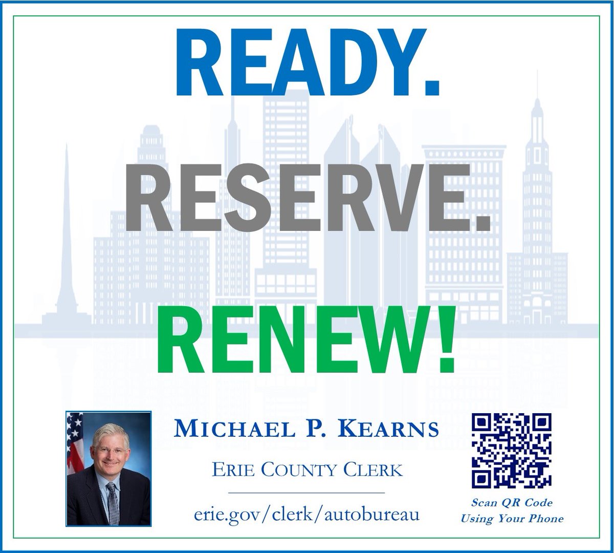 ErieCountyClerk's tweet photo. The Erie County Clerk's Office & Auto Bureaus are fully operational and OPEN for business.
As we expect higher than normal business volume all this week at our #DMV branches, I encourage you to book an appointment using the QR Code or visit https://t.co/S4cdf3ITKK.
#RenewLocal https://t.co/1aFEVh9BVu