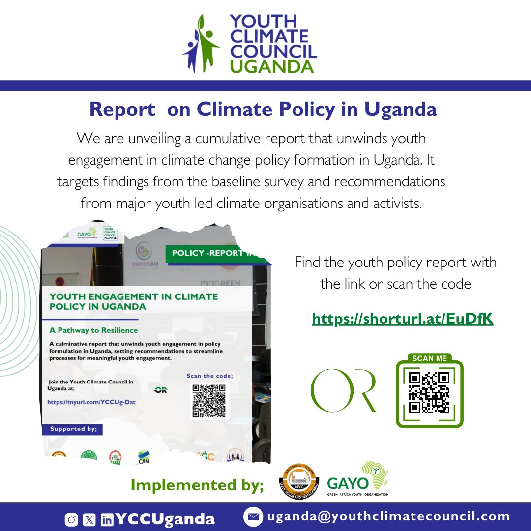 YCCUganda's tweet photo. Launch of the @YCCUganda  Youth Policy Report! 🌍

Here are findings from the baseline survey and recommendations from major youth-led climate organizations and activists. Stay tuned!

Read the full report here: https://t.co/oJ74kF6Tp4

#policyreport 

@NYCofUganda @GayoUganda https://t.co/JP3291fqsJ