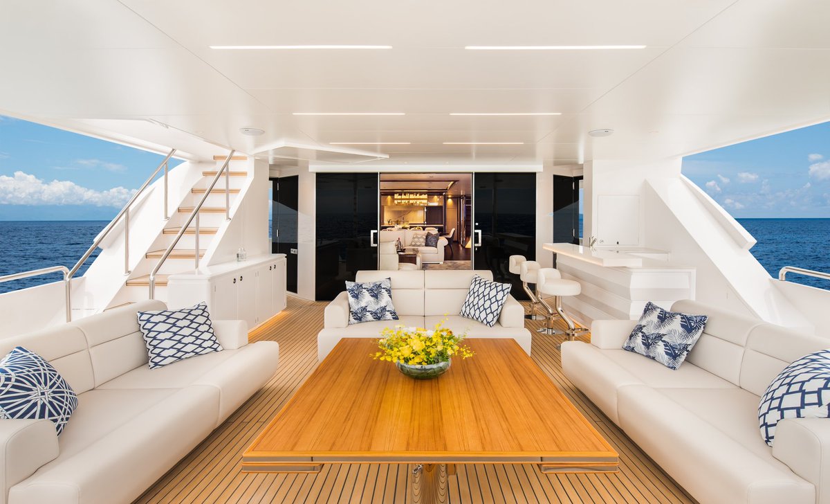 HorizonYachtEU's tweet photo. Step aboard the latest #FD110 Tri-Deck, the sixth unit in the series, and be wowed by the vast aft deck. Enjoy the expansive seating area, a Hi-Lo extendable teak table, and a fully equipped wet bar.
//
#HorizonYachts #DefineYourHorizon https://t.co/hI9yG0eghB