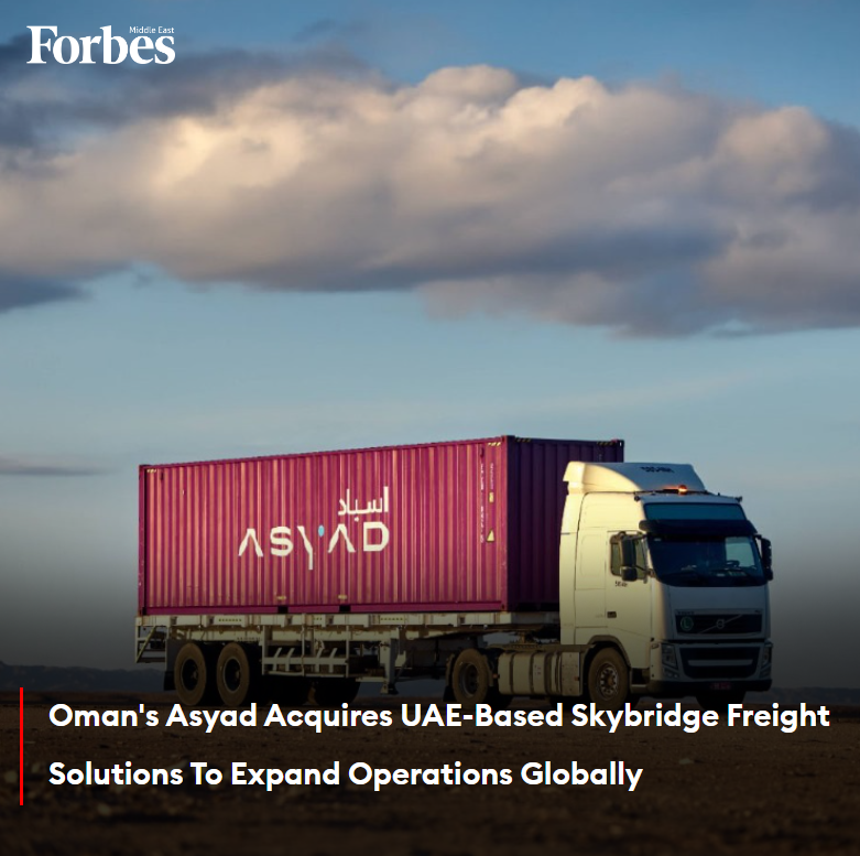 Forbes_MENA_'s tweet photo. Oman's #AsyadGroup has acquired the #UAE-based global freight forwarding company Skybridge Freight Solutions to expand its footprint into key cargo-origin economies, including #China, #India, #Europe, the #US, and the GCC. 

#Forbes 

For more details: 🔗https://t.co/ehmu4Xxjbs https://t.co/bHxsLpvfQj