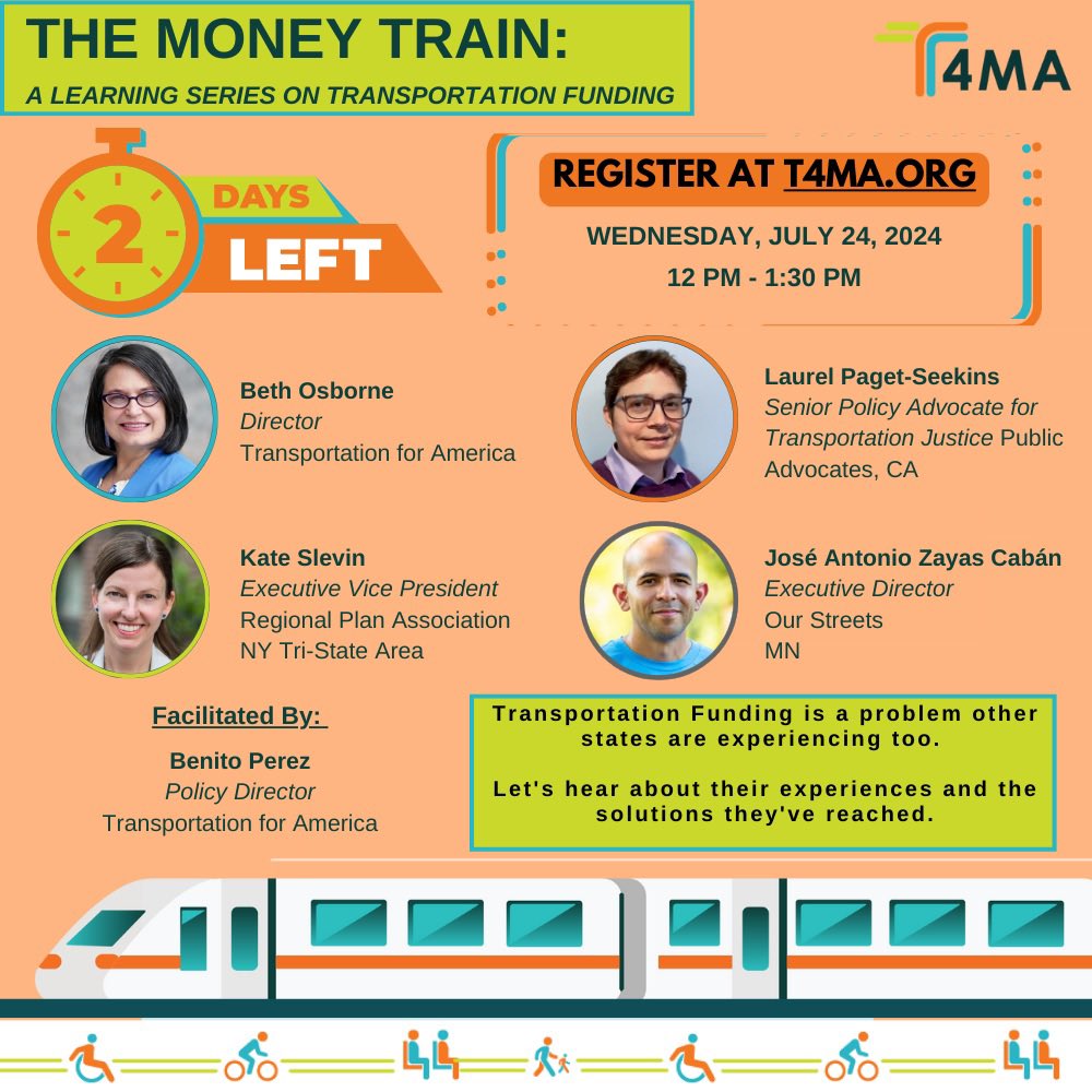 T4MASS's tweet photo. 🚆🗓️ Join our Money Train panel on July 24 at noon on Zoom to learn how states fund transportation.
Join our second webinar series in the Money Train. You won’t want to miss it!
RSVP
https://t.co/L1KaYN32hE
#MoneyTrain #themoneytrain #Transportationfunding #T4MA https://t.co/ov80W8x0wf