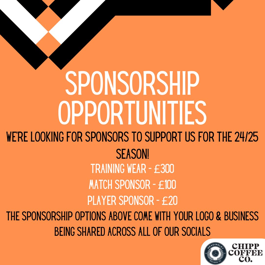We are looking for sponsors for the upcoming season! Any sponsorship we bring in goes to the running of the club to cover League &amp; Pitch Fee’s, Referee costs and etc. If this is something you would be interested in or would just like some more information please drop us a DM! ✍️