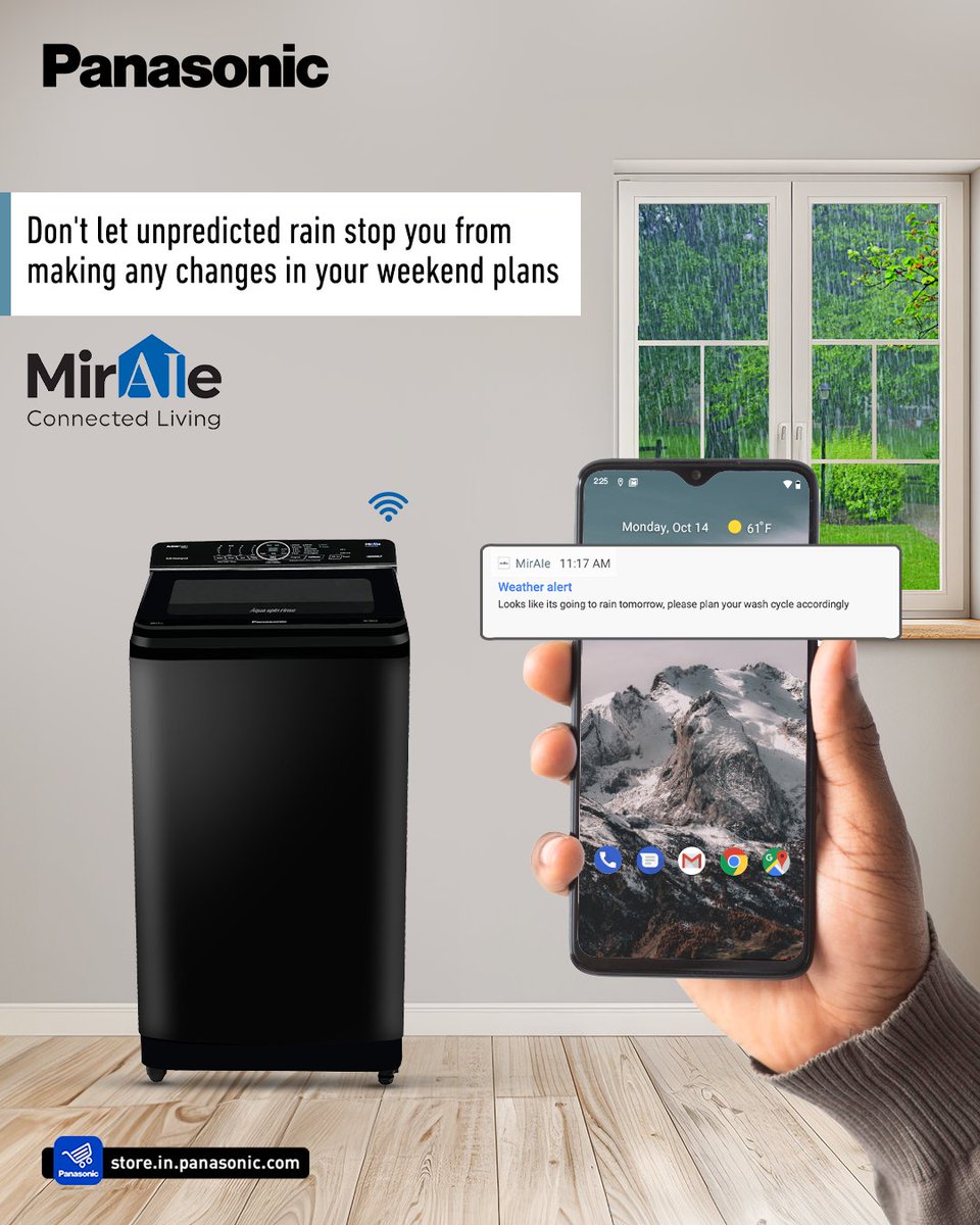 PanasonicIndia's tweet image. Don&apos;t let unexpected rain ruin your laundry plans. With MirAIe, get weather alerts, keeping your laundry routine efficient and hassle-free!

Shop Now: pnsnic.com/WashingMachine

#MirAIe #CustomizedCleaning #SmartHome #RainOrShine #PanasonicWashingMachine #PanasonicIndia
