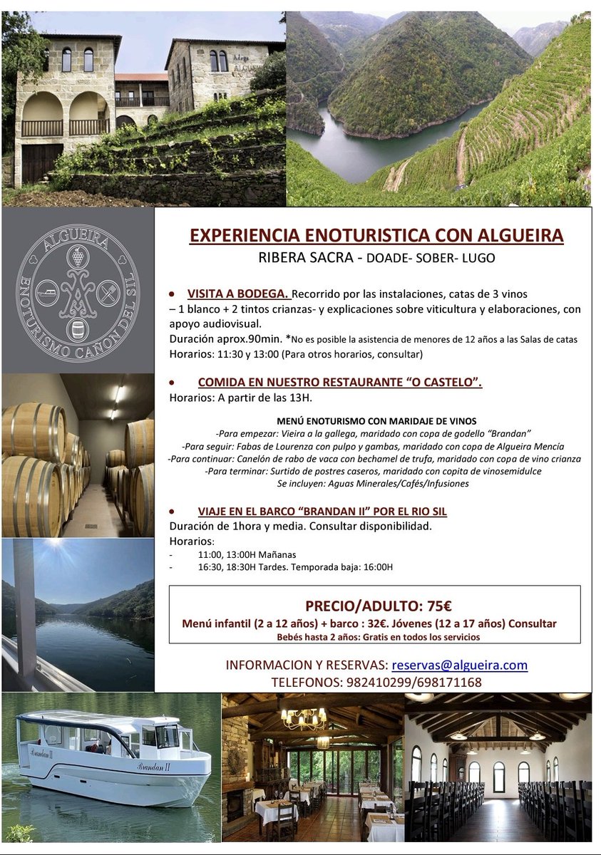 Absolutamente recomendable si vienen a la Ribeira Sacra. Recomiendo en este orden: recorrido por el Sil, visita a la bodega y comida.

Ubicación incomparable. Magnífica atención. Menú degustación es sobresaliente <a href="/AAlgueira/">Adega Algueira</a> 👌 👇