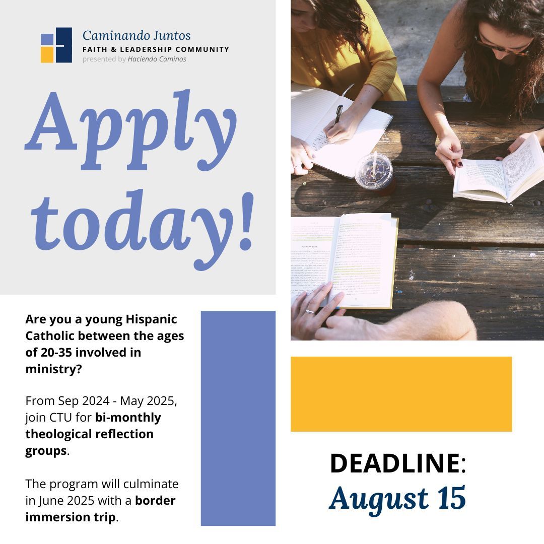 Calling young adult Hispanic/Latin@ leaders in ministry around Chicago!

CTU's new program, Caminando Juntos, will bring participants together twice a month to share a meal and reflect on faith and ministry. 

Learn more and apply: buff.ly/3KUowzs