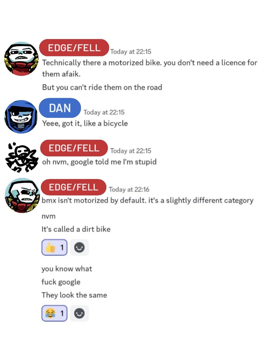 katsuroyasu's tweet photo. A recent conversation I had with my programmer friend, and I noticed our dynamic is similar to how I imagine my BrOTP friendship of #danfell/#dancefell www
Btw, I'm the clueless #dancetalesans/#dancesans in the chat and my friend as #underfellsans/#fellsans/#ufsans... _(:'3_/L L https://t.co/cuGwp0T8UO