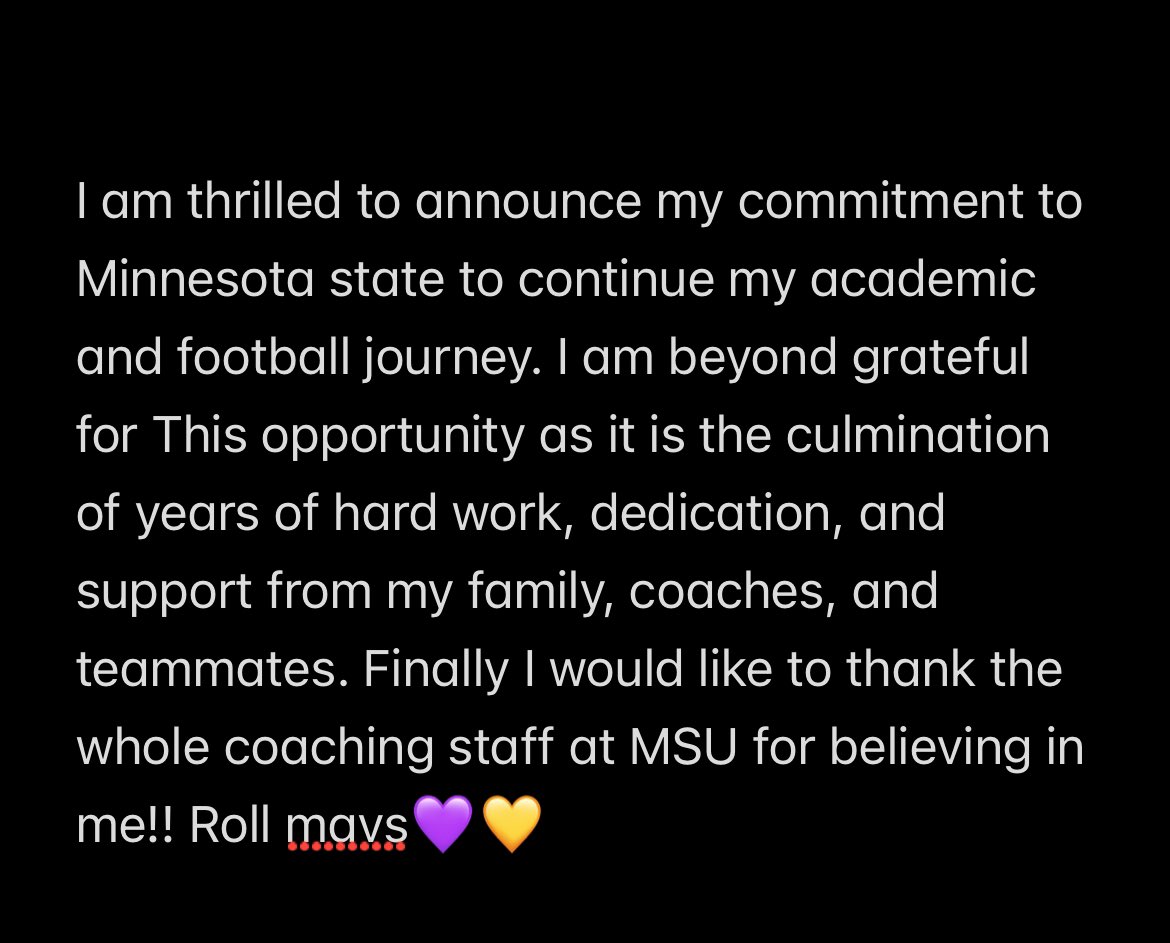 ‼️COMMITTED‼️💛💜
<a href="/coachkaminski/">Coach Kaminski</a> <a href="/SunPrairieFB/">Sun Prairie East Football</a> <a href="/HoffnerTodd/">Todd Hoffner</a> <a href="/CoachHenning75/">Chad Henning</a> <a href="/PrepRedzoneWI/">Prep Redzone Wisconsin</a> @travisWSN <a href="/Ryan_Gregory_/">Ryan Gregory</a> <a href="/23botter/">Brian Bott</a> <a href="/MinnStFootball/">Minnesota State Football</a>