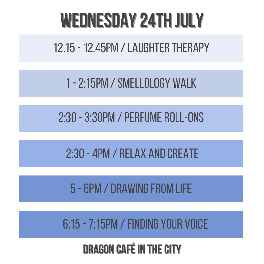 Dragon Café in the City (@dragoncafecity) on Twitter photo Happening this week at <a href="/ShoeLaneLib/">Shoe Lane Library</a>!
Join us for the following:
⭐Laughter Therapy
⭐'Smellology' Walk
⭐Perfume roll-ons workshop
⭐Relax & Create
⭐Life drawing workshop
⭐Vocal work class
Head to our website for more information! mentalfightclub.art/events/dragon-… Happening this week at <a href="/ShoeLaneLib/">Shoe Lane Library</a>!
Join us for the following:
⭐Laughter Therapy
⭐'Smellology' Walk
⭐Perfume roll-ons workshop
⭐Relax & Create
⭐Life drawing workshop
⭐Vocal work class
Head to our website for more information! mentalfightclub.art/events/dragon-…