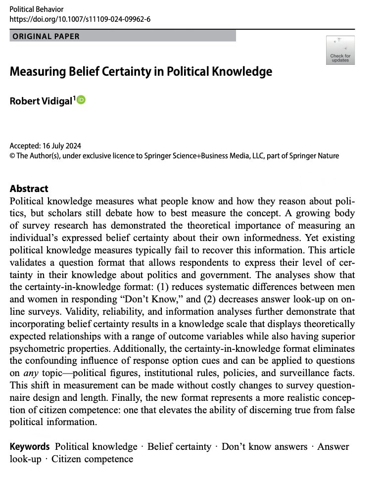 I am really stoked 😁 to share my new forthcoming work🎉 at Political Behavior Journal (<a href="/PolBehavior/">Political Behavior</a>) titled "Measuring Belief Certainty in Political Knowledge."
